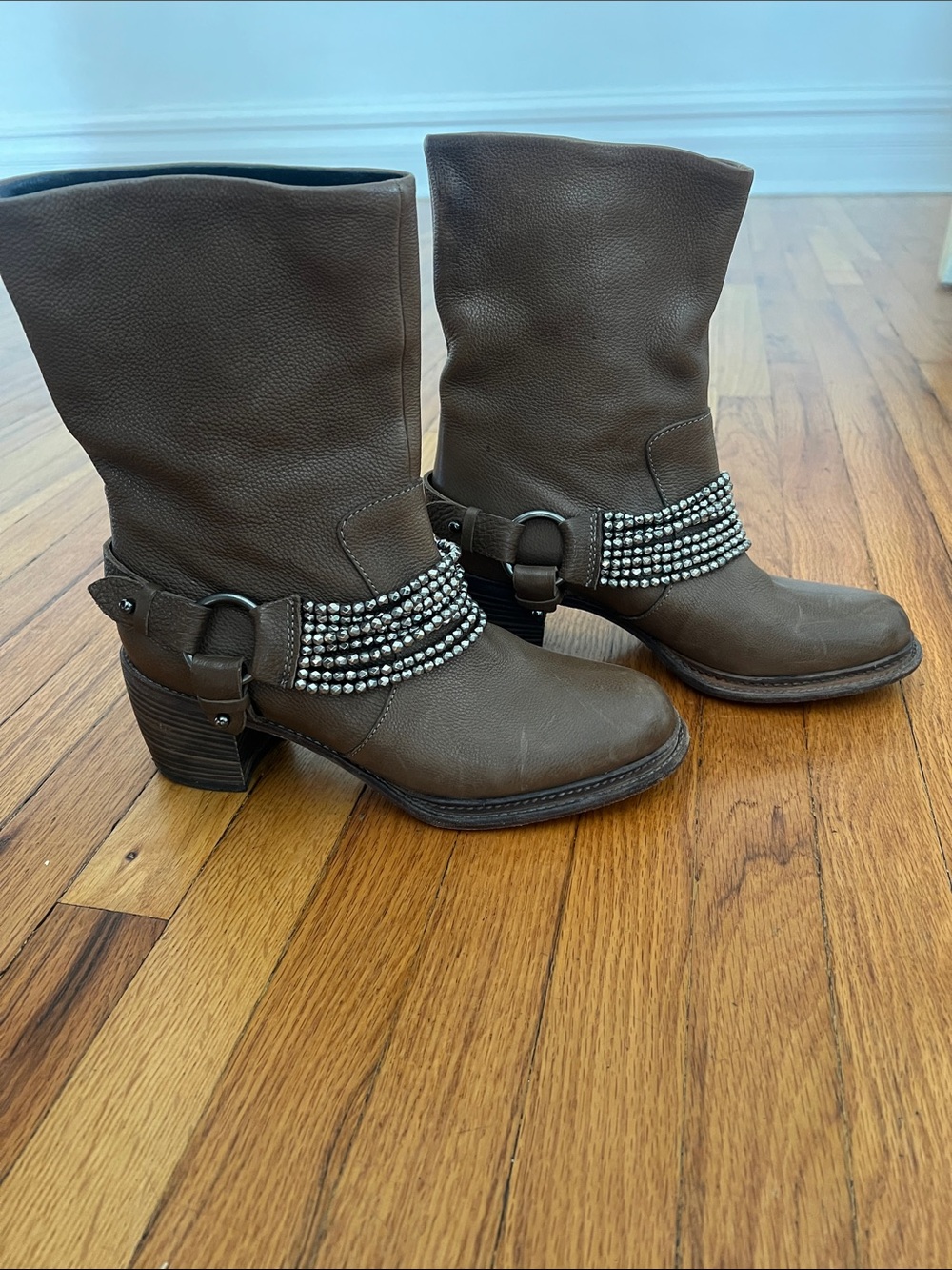 Vera Wang Lavender Label Natasha Brown Leather Mid-Calf Studded Harness Boots